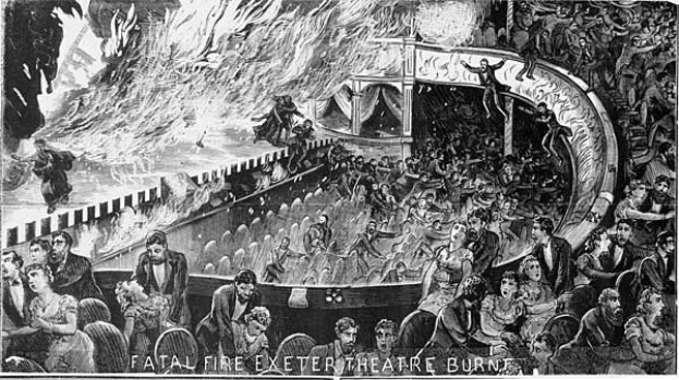 Schwarze und weiße Illustration einer panischen Menge in einem brennenden Theater, mit Rauch, der aus dem Theater aufsteigt und der Unterschrift 'Tödlicher Brand Exeter Theatre Burn' am unteren Rand.