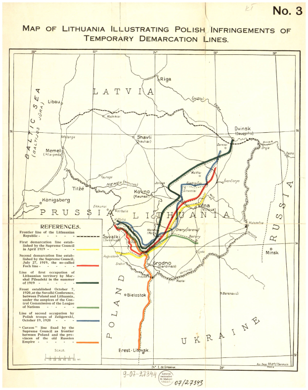 Detailierte Karte von Litauen mit markierten polnischen Verstöüen der temporären Demarkationslinien, einschließlich Städte, Ortschaften und geografischen Merkmale, begleitet von übersetzungstext.
