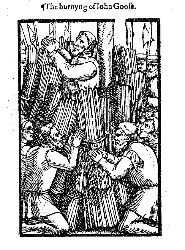 Schwarz-weißes historisches Illustration titled "The Burning of John Goofe" showing a group of distressed people in front of a burning building.