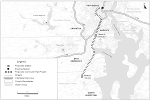 Schwarze und weiße Stadtkarte mit einem Fluss, beschriftet mit "Vorgeschlagenes S-Bahn-Projekt" auf der linken Seite, die Straßen, Autobahnen und Stadtmerkmale zeigt.