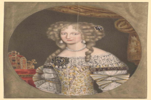 Gemälde der Queen Elizabeth I. von England in einem weißen Kleid mit einer Krone, einem kunstvollen, hochgeschlossenen Kleid und langen Ärmeln, eingerahmt von Text unten mit der Aufschrift "Porträt der Queen Elizabeth I. von England."