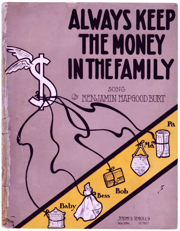 Plakat mit fetter schwarzer Schrift "Immer das Geld in der Familie lassen" auf einem weißen Hintergrund, das eine farbenfrohe Illustration einer strahlenden Familie von vier zeigt, die in einem Kreis unter einem hellblauen Himmel mit weißen Wolken steht.