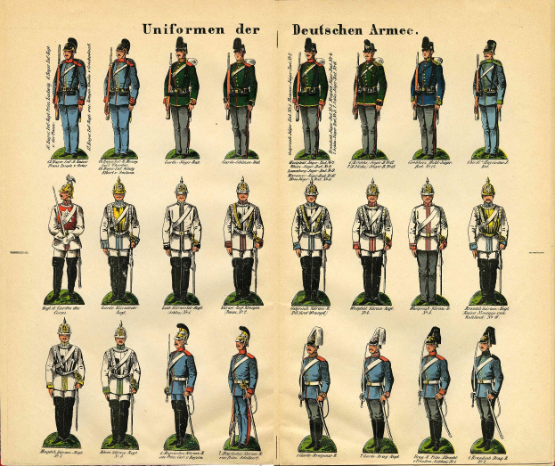 Ein Buch, das bunte deutsche Armee-Militäruniformen mit detaillierten Einblicken in Helme, Gewehre und andere Waffen zeigt.