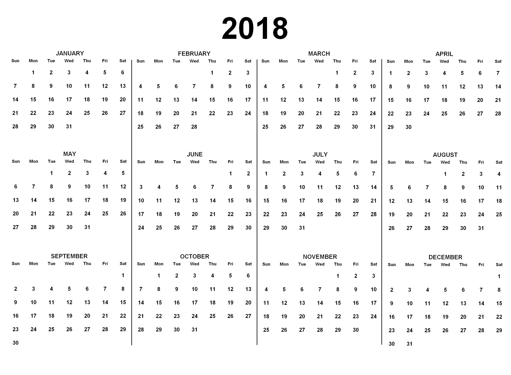 Ein Schwarz-Weiß-Kalender für das Jahr 2018, der die Feiertage der USA auf einem weißen Hintergrund zeigt, mit den Tagen in wöchentlichen Reihen angeordnet und den Feiertagen in fetter schwarzer Schrift hervorgehoben.