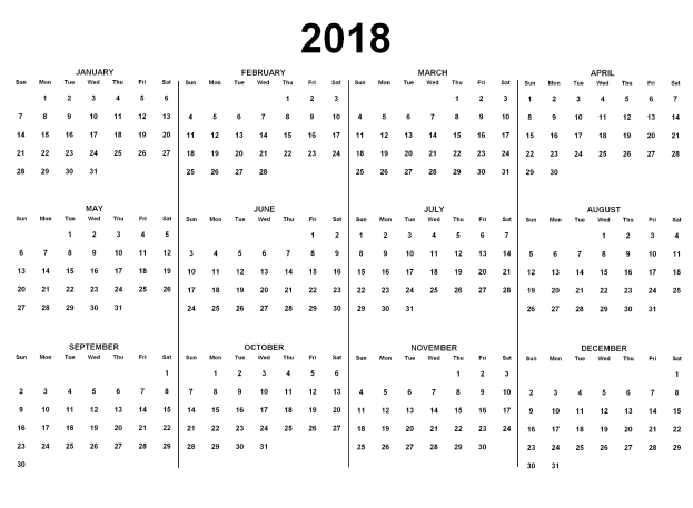 Ein Schwarz-Weiß-Kalender für das Jahr 2018, der die Feiertage der USA auf einem weißen Hintergrund zeigt, mit den Tagen in wöchentlichen Reihen angeordnet und den Feiertagen in fetter schwarzer Schrift hervorgehoben.