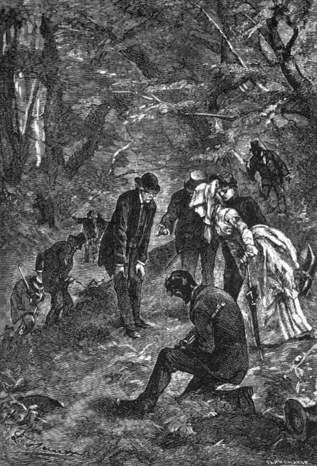 Eine schwarz-weiße viktorianische Illustration, die eine Gruppe von Menschen in einem wöldlichen Gebiet zeigt, mit Text unten, der lautet: "Victorian illustration of the murder of a woman".