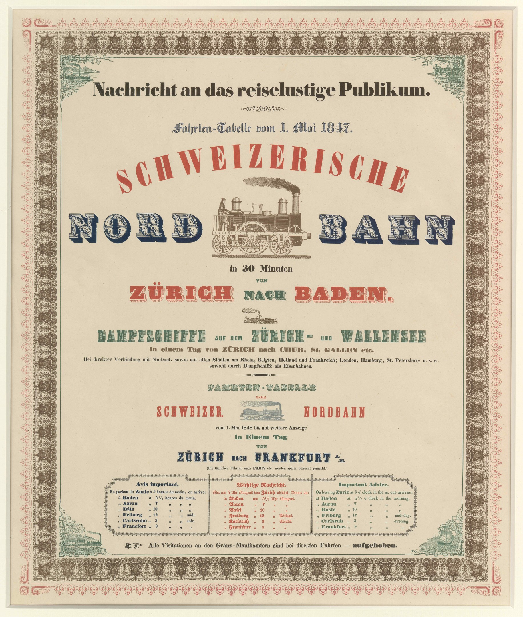 Plakat mit einem Bild einer Bahn mit dem Text "Schweizerische Nordbahn in Baden, Deutschland" in der Mitte auf einem hellgelben Hintergrund mit einem schwarz-weißen Karomuster und einem dekorativen Rand.