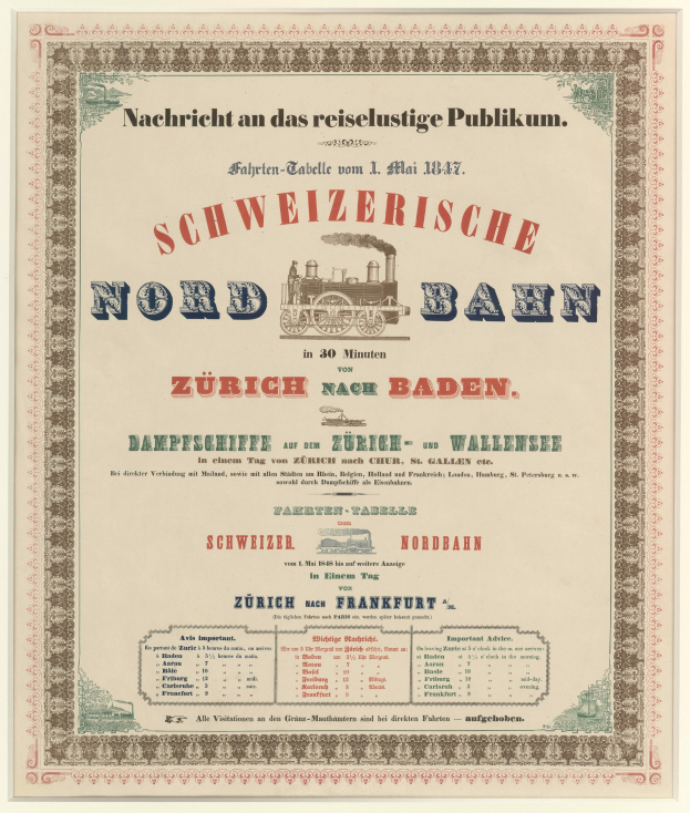 Plakat mit einem Bild einer Bahn mit dem Text "Schweizerische Nordbahn in Baden, Deutschland" in der Mitte auf einem hellgelben Hintergrund mit einem schwarz-weißen Karomuster und einem dekorativen Rand.