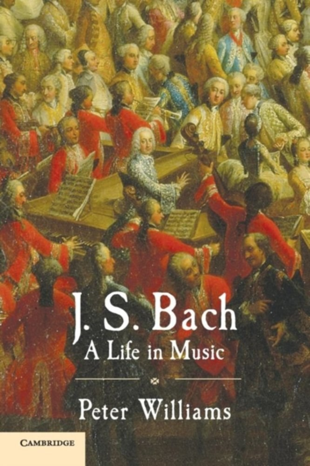 Plakat für "Ein Leben in Musik" von J.S. Bach, das eine Gruppe von Menschen zeigt, die Musikinstrumente spielen, mit dem Titel darüber.