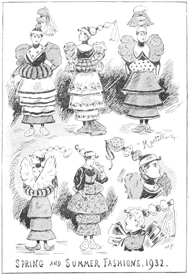 Modeskizze von Frauen in 1932 Frühjahrs- und Sommerkleidern mit beschreibendem Text auf dem Papier.