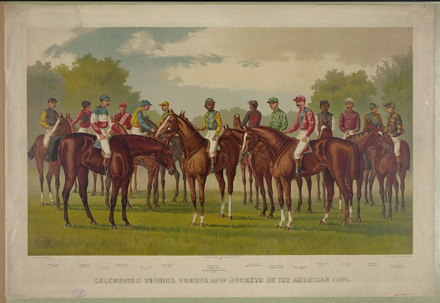 Gruppe von Menschen, die auf Pferden reitet, auf einer grünen Wiese mit Bäumen und einem blauen Himmel, Text unten lautet "Feier der Siegerpferde und Jockeys der amerikanischen Wiese".