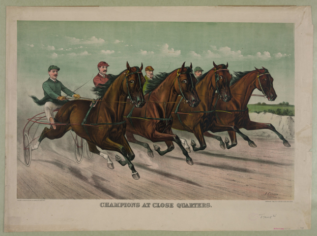 Gruppe von Menschen, die in einer von Pferden gezogenen Kutsche auf einer von Bäumen gesäumten Straße unter einem klaren blauen Himmel rasen, mit dem Text "Champions at Close Quarters" unten.