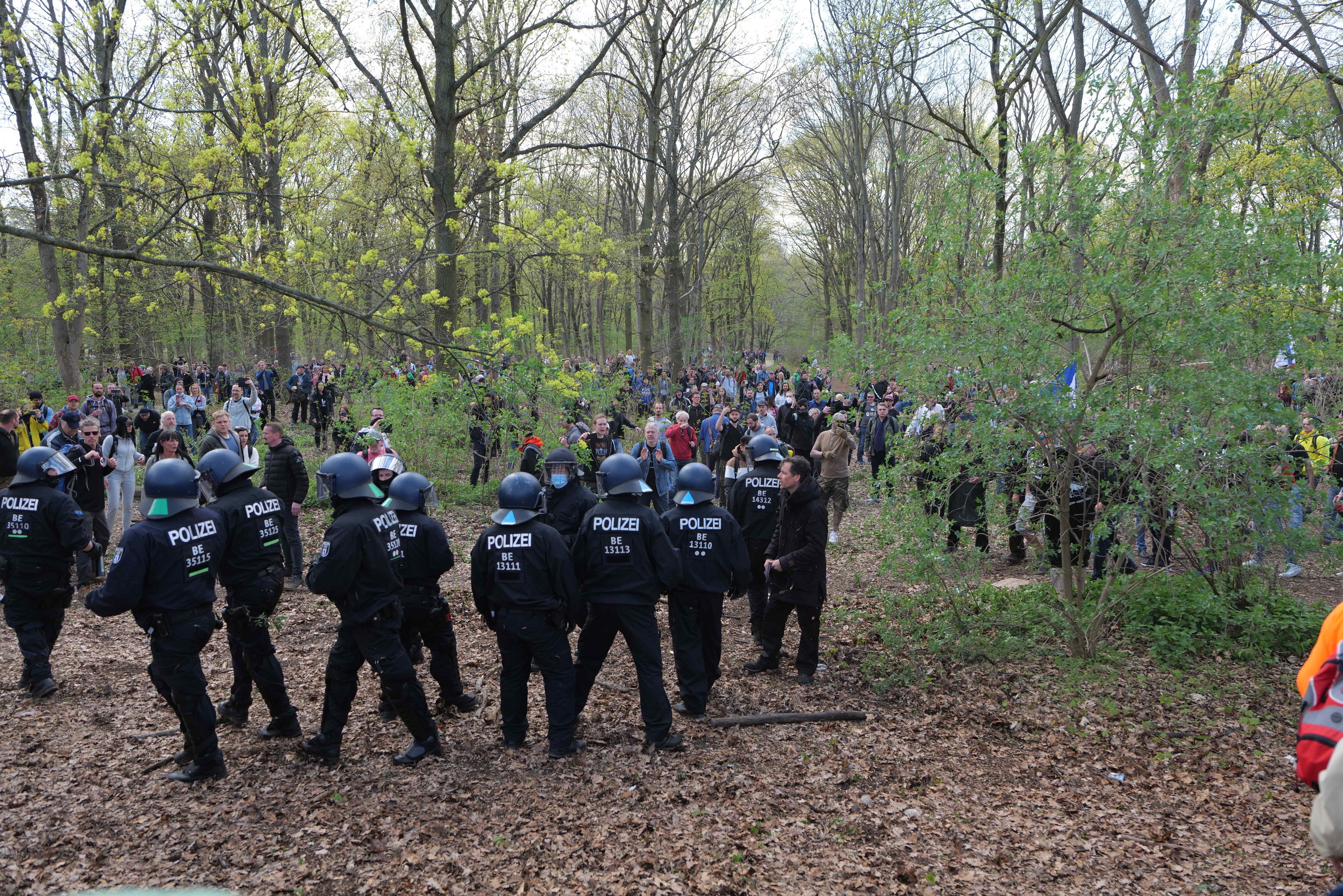 Eine Gruppe von Polizisten in Helmen, die in einem bewaldeten Gebiet mit Bäumen, Pflanzen, trockenen Blättern auf dem Boden und sichtbarem Himmel im Hintergrund stehen.