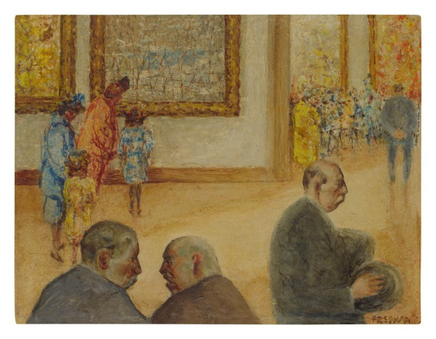 Gemälde mit dem Titel "Die Ausstellung im Museum of Fine Arts" von Édouard Manet, das formell gekleidete Menschen in einem Raum mit Wänden zeigt, die mit Rahmen geschmückt sind.