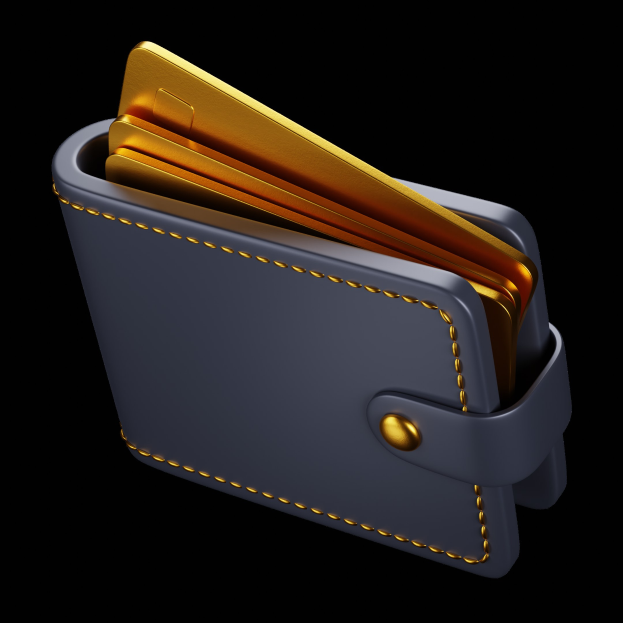 Eine blaue Brieftasche mit mehreren goldenen Kreditkarten auf einem weißen Hintergrund.