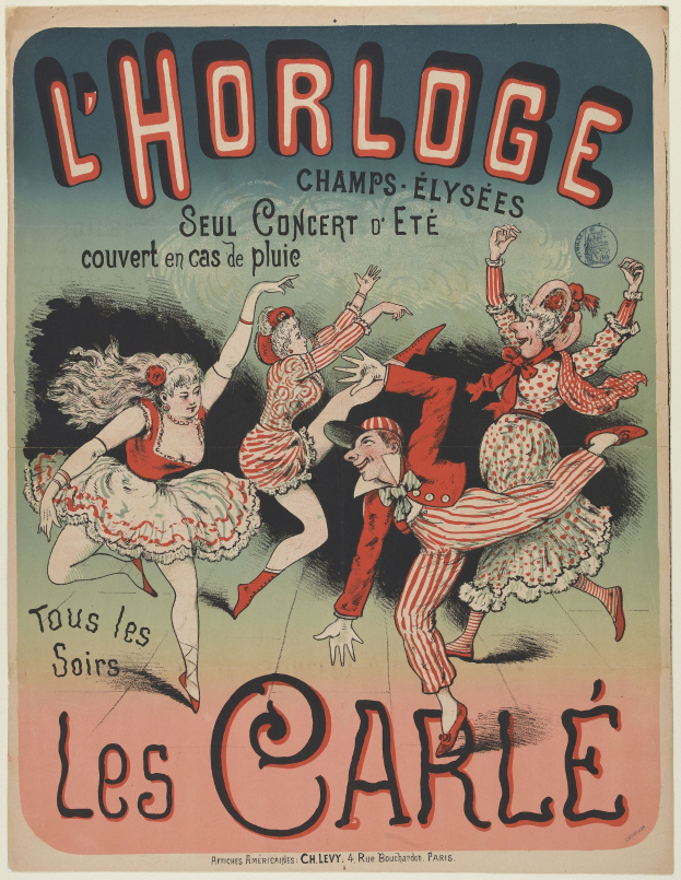 Ein farbenfrohes Konzertplakat für ein Event im Chorlage in Paris, Frankreich, das eine Gruppe von Menschen in bunten Kostümen mit freudigen Gesichtern beim Tanzen zeigt, vor einem hellgelben Hintergrund mit fetter Schrift.