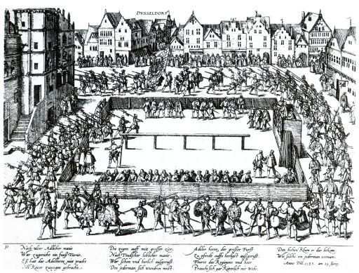 Schwarze und weiße Zeichnung einer Menge, die in einer Stadt während "Die Schlacht von Düsseldorf" kämpft, mit Gebäuden im Hintergrund und einigen Figuren mit Schwertern und Schilden.
