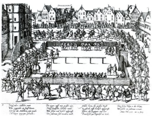Schwarze und weiße Zeichnung einer Menge, die in einer Stadt während "Die Schlacht von Düsseldorf" kämpft, mit Gebäuden im Hintergrund und einigen Figuren mit Schwertern und Schilden.