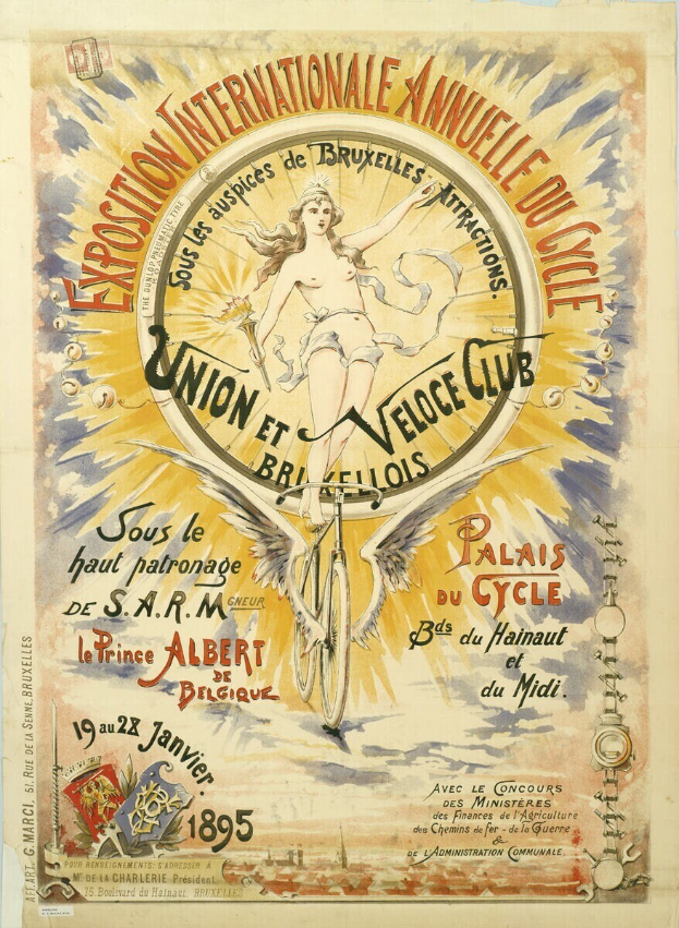 Plakat für die Internationale Annuelle du Cycle Union et Veloce Club Ausstellung, das eine Frau auf einem Fahrrad mit Text über das Ereignis zeigt.