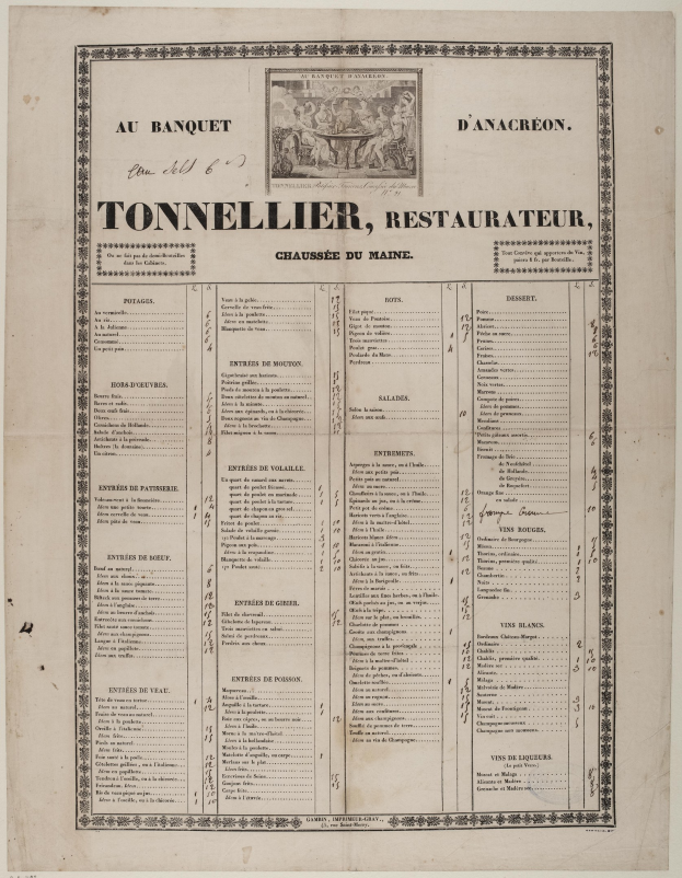 Ein altes Buch mit einer Restaurant Speisekarte, die Text und ein Bild enthält, das die Angebote des Restaurants beschreibt.