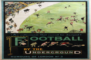 Ein Vintage-Plakat, das ein Fußballspiel mit dem Titel "Football by the Underground - Humours of London No. 3" ankündigt und eine Zuschauermenge in einem Stadion zeigt.