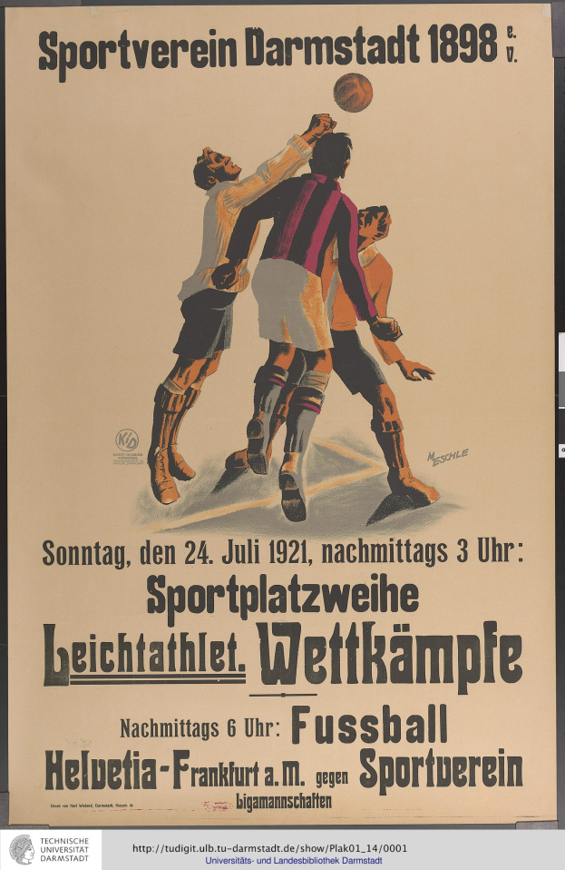 Ein Plakat, das ein Fußballspiel mit einer Gruppe von Männern in Uniformen zeigt, mit Text, der das Ereignis beschreibt.