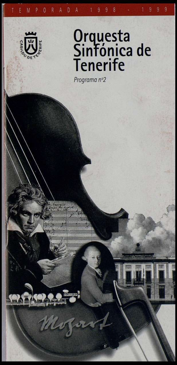 Plakat für das zweite Programm der Orquesta Sinfónica de Tenerife mit Mozarts Symphonie Nr. 2 in D-Moll, Op. 63, mit zwei Geigerinnen vor einem Gebäude.