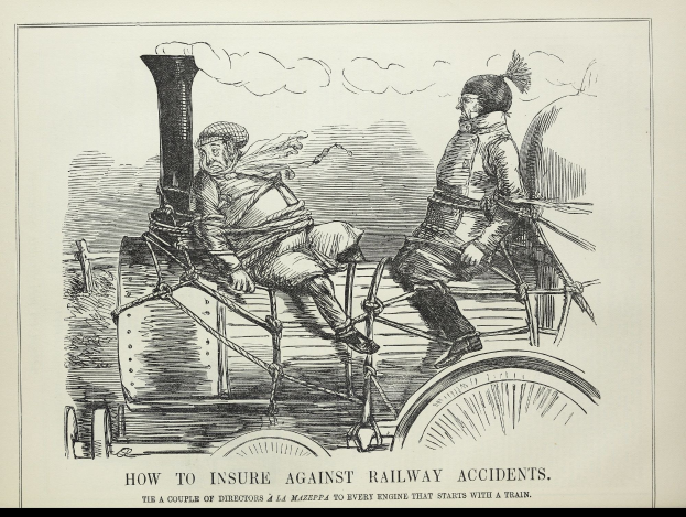 Illustration einer historischen Versicherungsanzeige, die zwei besorgte Menschen auf einer Dampflok zeigt, beschriftet mit "Wie man sich gegen Eisenbahnunfälle versichern kann."