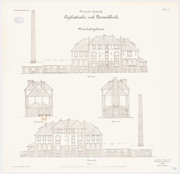 Zeichnung eines mehrstöckigen Gebäudes mit zahlreichen Fenstern und einem Schornstein, das als psychiatrische Klinik in Deutschland identifiziert wurde, mit handgeschriebener Schrift auf dem Papier.