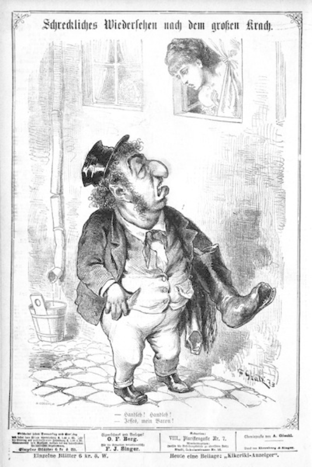 Karikatur eines Mannes mit Zylinder und einer Frau in einem Kleid mit einer Wand, einem Fenster, einem Eimer und anderen Gegenständen im Hintergrund; Text unten lautet "F. J. Singer, der erste deutsche Politiker, der in den Kongress gewählt wurde."
