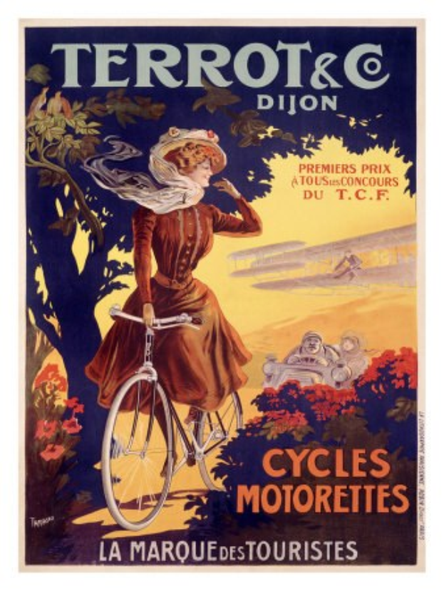 Frau auf Fahrrad in einer malerischen Outdoor-Szene mit Bäumen, Blumen und anderen Menschen, als Teil eines Plakats für eine Fahrradtour in Frankreich.
