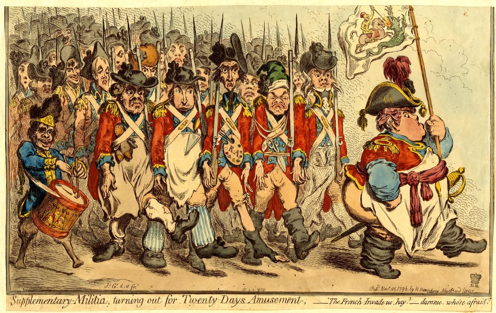 Cartoon of men in military uniforms marching down a street, some holding weapons, with text at the bottom reading "Supplementary Militia, turning out for twenty-days amusement."