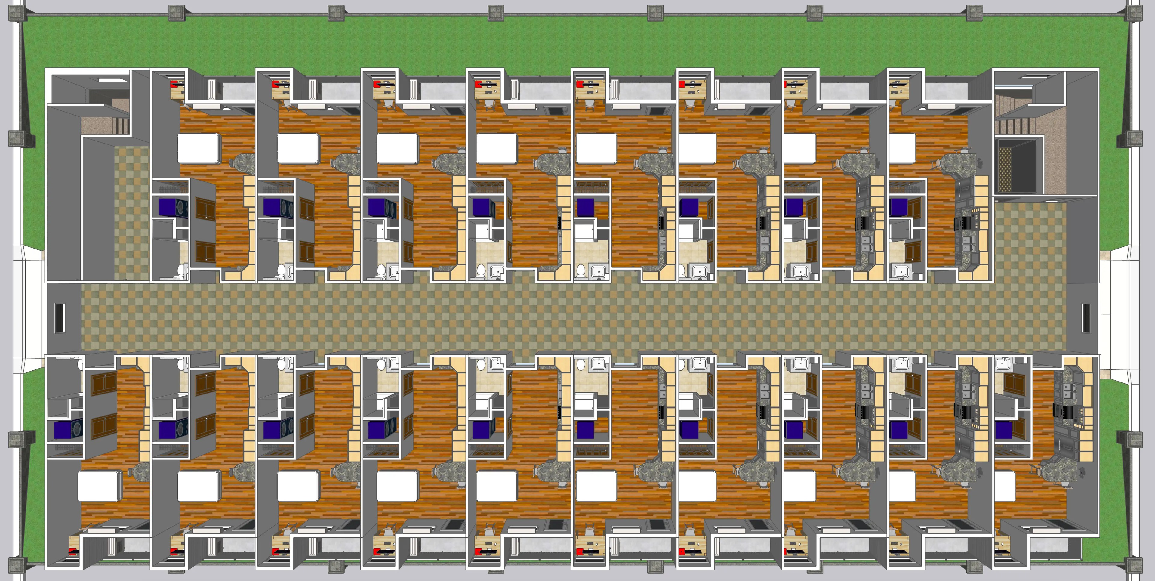 3D-Bodenplan eines Gebäudes mit zahlreichen Räumen, der dessen detaillierte Aufteilung zeigt.