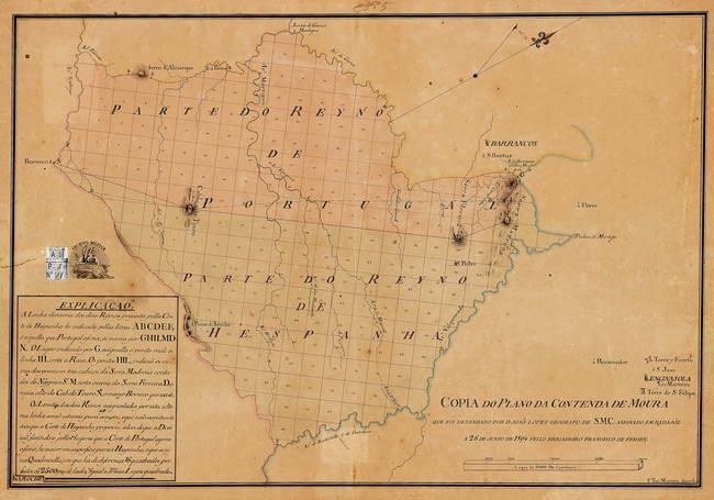 Alte Brasilienkarte in einem Foto Rahmen, betitelt "Copia do Plano da Contenda de Moura", zeigt historische Provinzgrenzen.