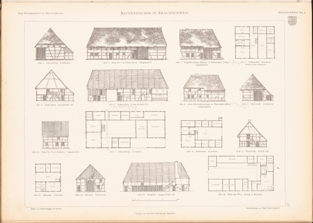 Ein offenes altes Buch mit Architekturplänen und Zeichnungen verschiedener Hausentwürfe auf einer Seite, begleitet von beschreibendem Text.