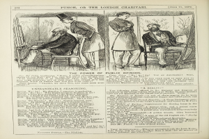 Eine Schwarz-Weiß-Illustration eines alten Buchumschlags mit einem sitzenden Mann in einem Stuhl und einer stehenden Frau, die wegschaut, betitelt mit "Die Macht der öffentlichen Meinung."