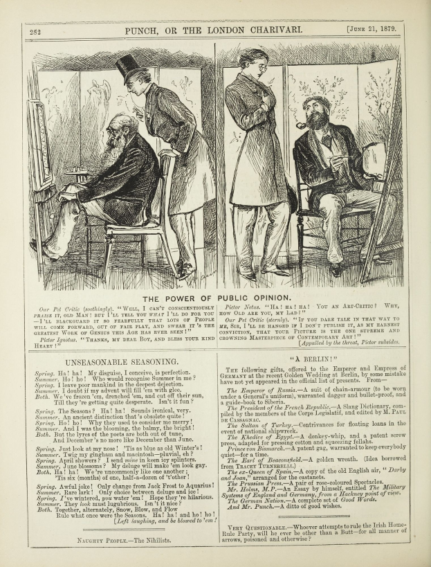 Eine Schwarz-Weiß-Illustration eines alten Buchumschlags mit einem sitzenden Mann in einem Stuhl und einer stehenden Frau, die wegschaut, betitelt mit "Die Macht der öffentlichen Meinung."