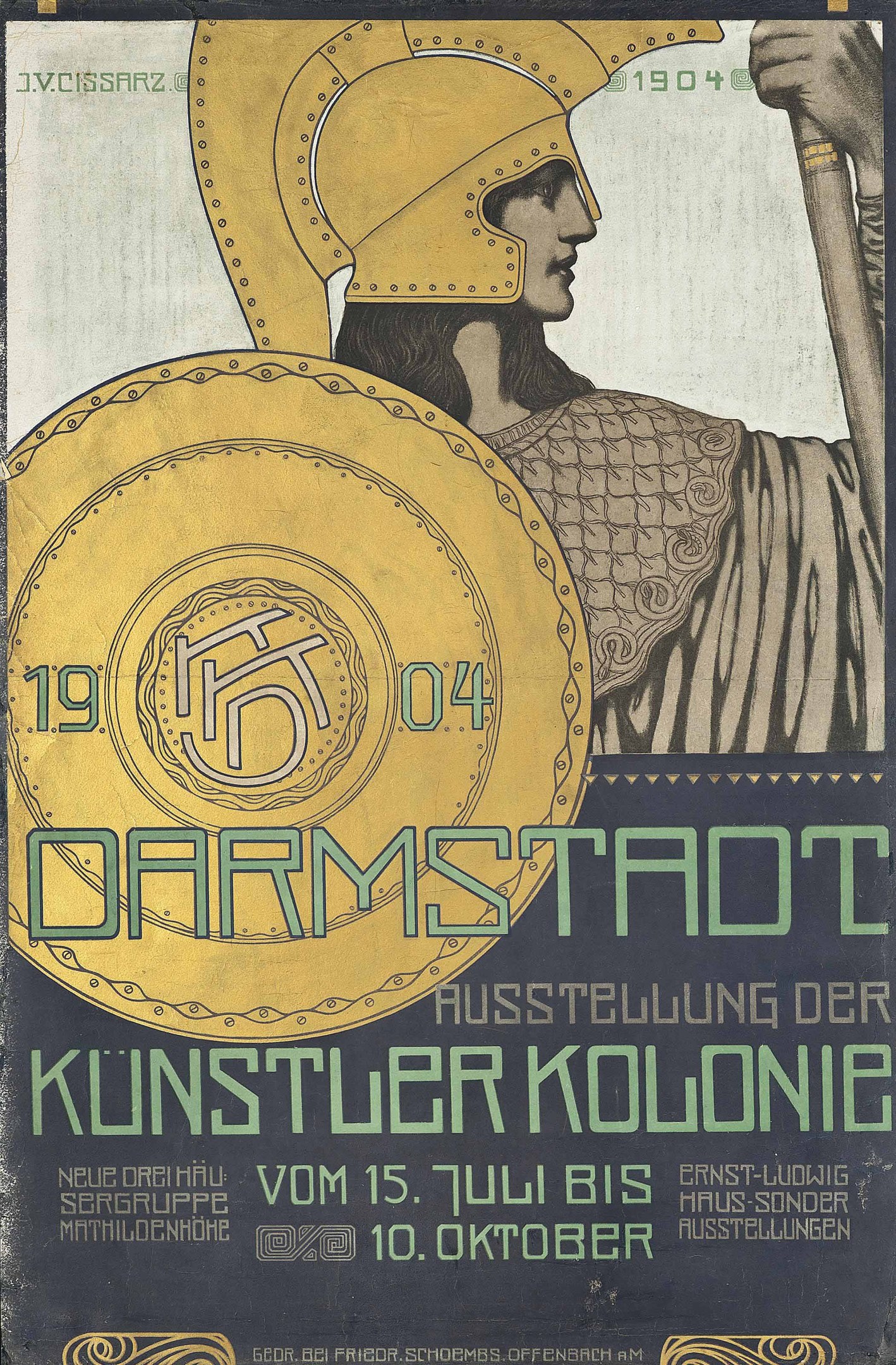 Plakat für ein 1904er Berlin-Konzert mit einem Helmträger, der ein Schild mit «Darmstadt» und «Künstler Kolonie» hält.