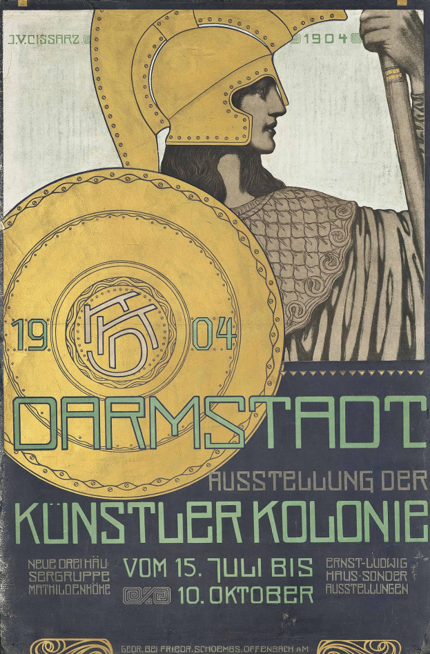 Plakat für ein 1904er Berlin-Konzert mit einem Helmträger, der ein Schild mit «Darmstadt» und «Künstler Kolonie» hält.