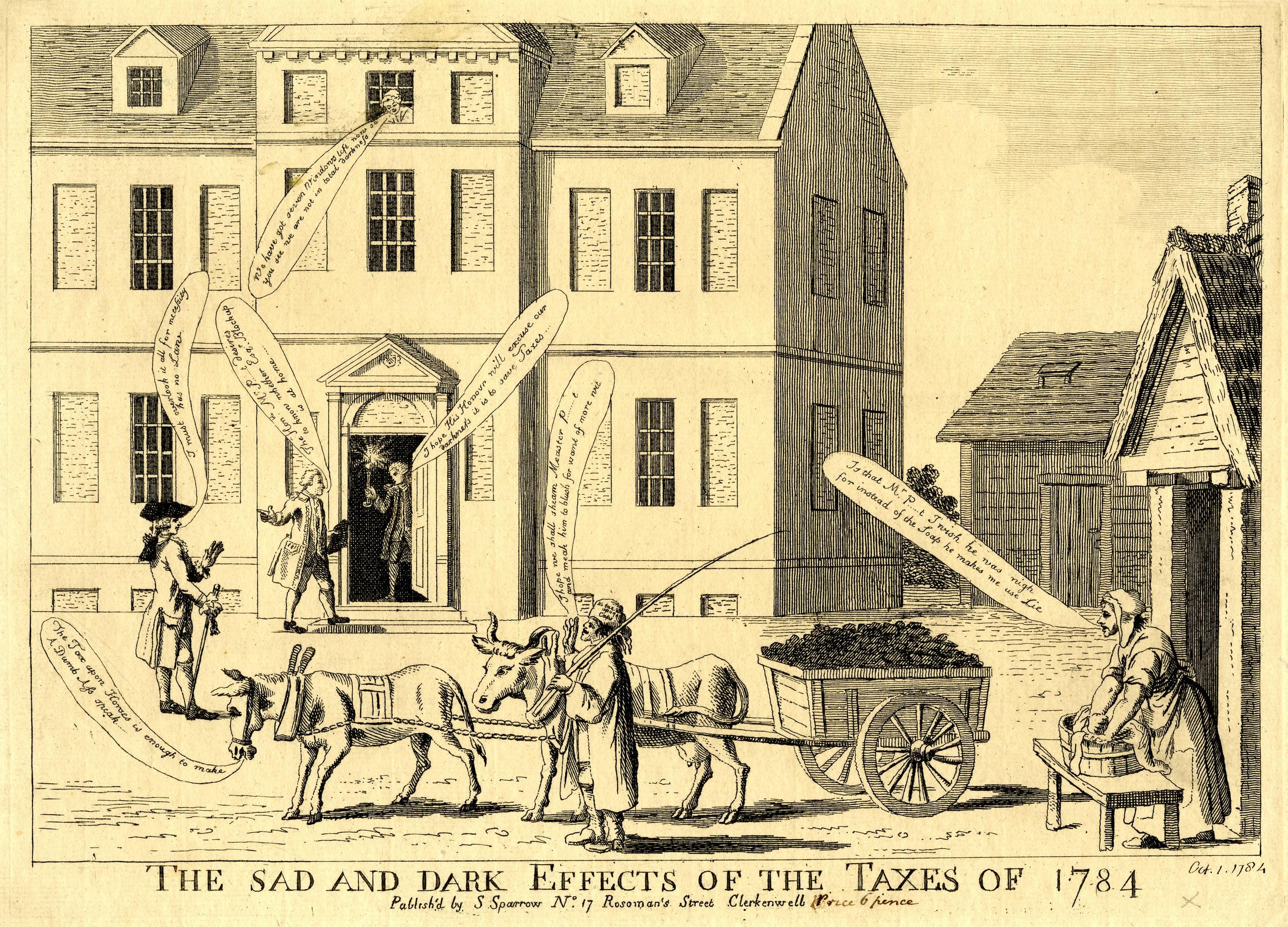 Eine handgezeichnete Illustration auf Papier, die ein Gebäude mit Fenstern, einen Wagen mit Gegenständen und einige Menschen zeigt, die darum herumstehen, mit der Inschrift "die traurigen und dunklen Auswirkungen der Steuern von 1784" darunter.