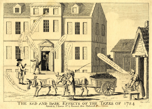 Eine handgezeichnete Illustration auf Papier, die ein Gebäude mit Fenstern, einen Wagen mit Gegenständen und einige Menschen zeigt, die darum herumstehen, mit der Inschrift "die traurigen und dunklen Auswirkungen der Steuern von 1784" darunter.