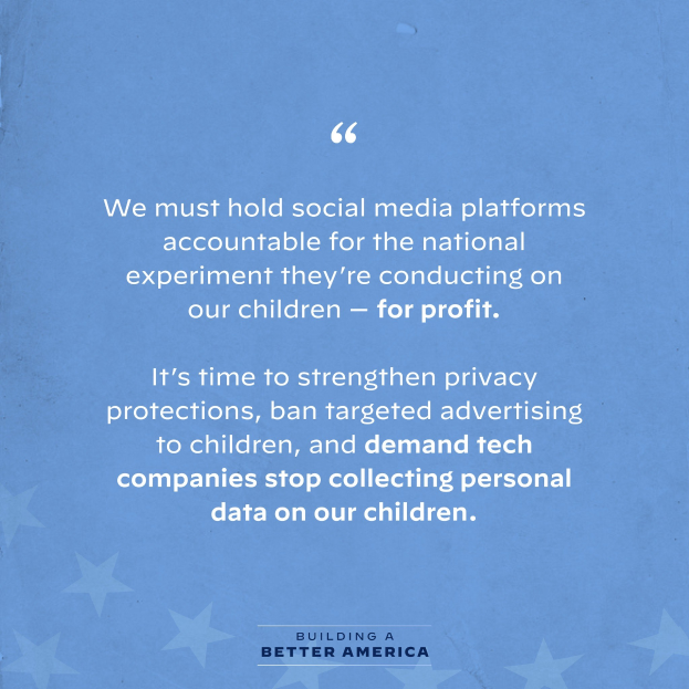 Ein Plakat mit einem Zitat aus Building a Better America, das besagt, "Wir müssen Social-Media-Plattformen für das nationale Experiment zur Rechenschaft ziehen, das sie an unseren Kindern durchführen - zum Profit.", geschmückt mit Sternen.