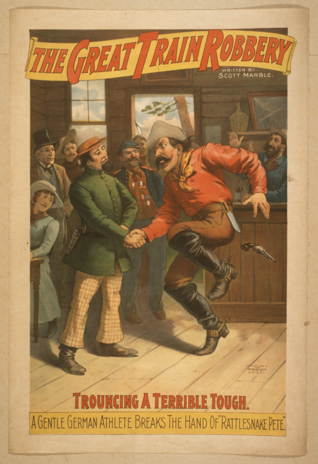 Ein Plakat zeigt eine Gruppe von Menschen, die drinnen stehen, einer hält eine Waffe, mit Text oben und unten: "Der große Zugraub - Berührend ein schreckliches Tough".