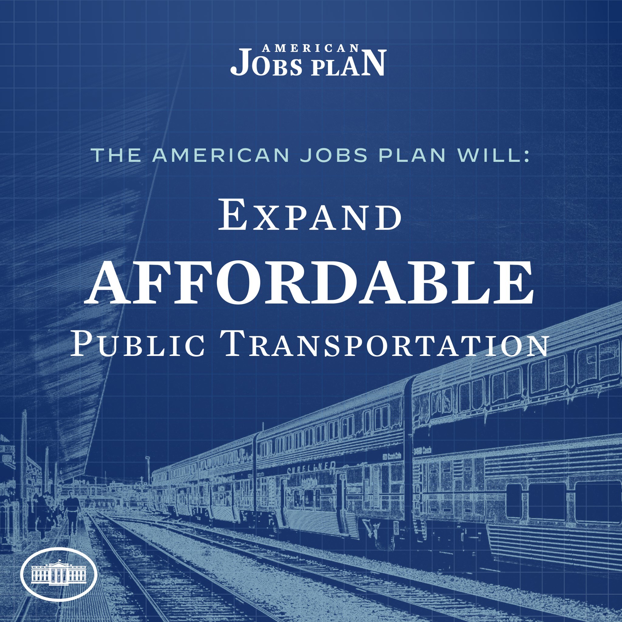 Plakat, das eine Bahn auf Schienen mit Menschen in der Nähe und Text zeigt, der "The American Jobs Plan Will Expand Affordable Public Transportation" lautet.