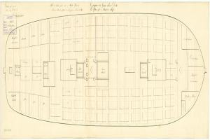 Schwarzes-weiße Architekturskizze des Großen-Seen-Parks mit zahlreichen beschrifteten Räumen und handschriftlichen Anmerkungen auf altem Papier.
