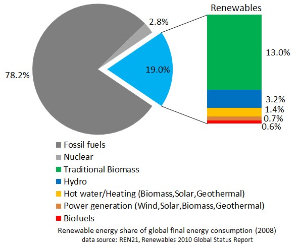 Tortendiagramm, das den globalen Verbrauch erneuerbarer Energie im Jahr 2008 zeigt, unterteilt in Abschnitte für fossile Brennstoffe, Kernenergie, Hydro, Heißwasser, Heizung, Biomasse, Solar, Geothermie und Biokraftstoffe.