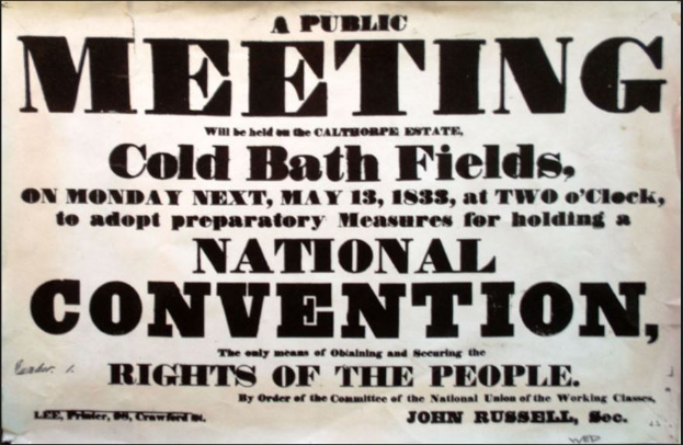 Schwarzer und weißer Plakataufruf für eine öffentliche Versammlung mit dem Titel "Öffentliche Versammlung, Cold Bath Fields, National Convention, Rechte des Volkes."