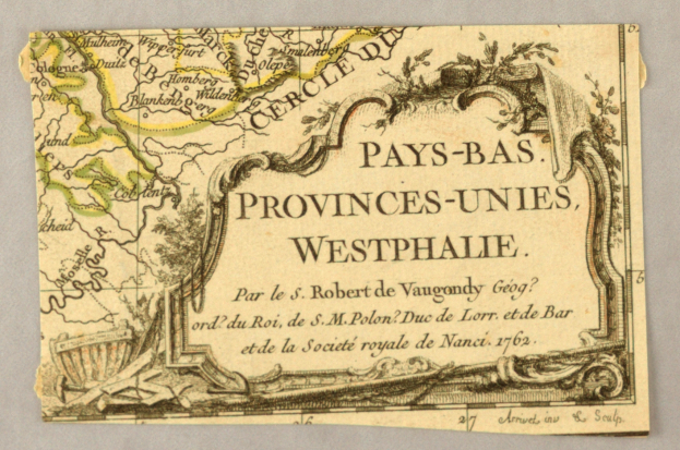 Ein altes Kartenblatt der Provinzen Westphalens mit Flüssen, Bergen, Städten und begleitendem Text.