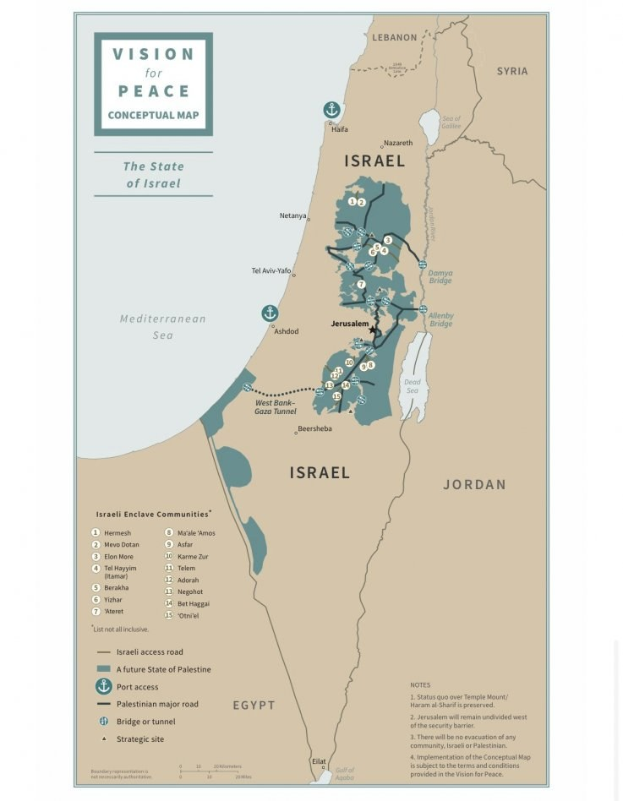 Plakat mit der Aufschrift "Vision für Friedenskonzept-Kartendarstellung" mit einer farbcodierten Karte Israels in fetter schwarzer Schrift.