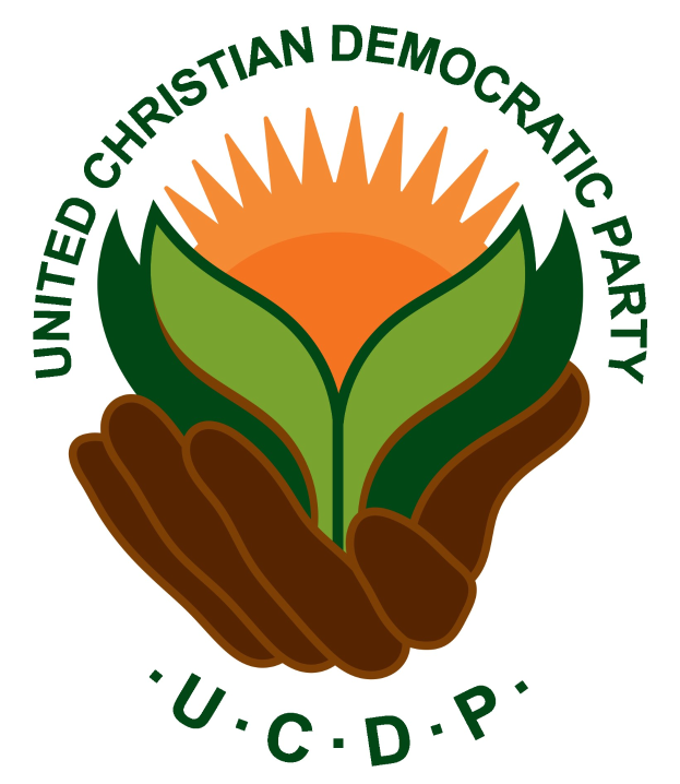 Logo der Vereinigte Christdemokraten (UCDP): eine Hand, die eine leuchtend gelbe Blume mit grünem Stiel und Blättern hält, zentriert auf einem blauen und gelben Kreis mit weißem Hintergrund, und der Text "UCDP" in fetter schwarzer Schrift darunter.